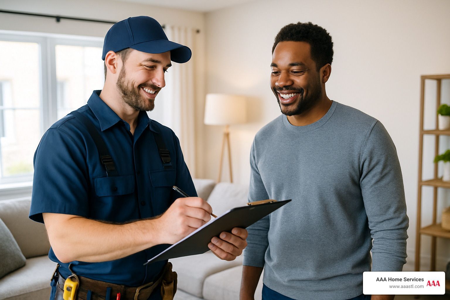 Two men smiling, reviewing a clipboard in a bright living room.