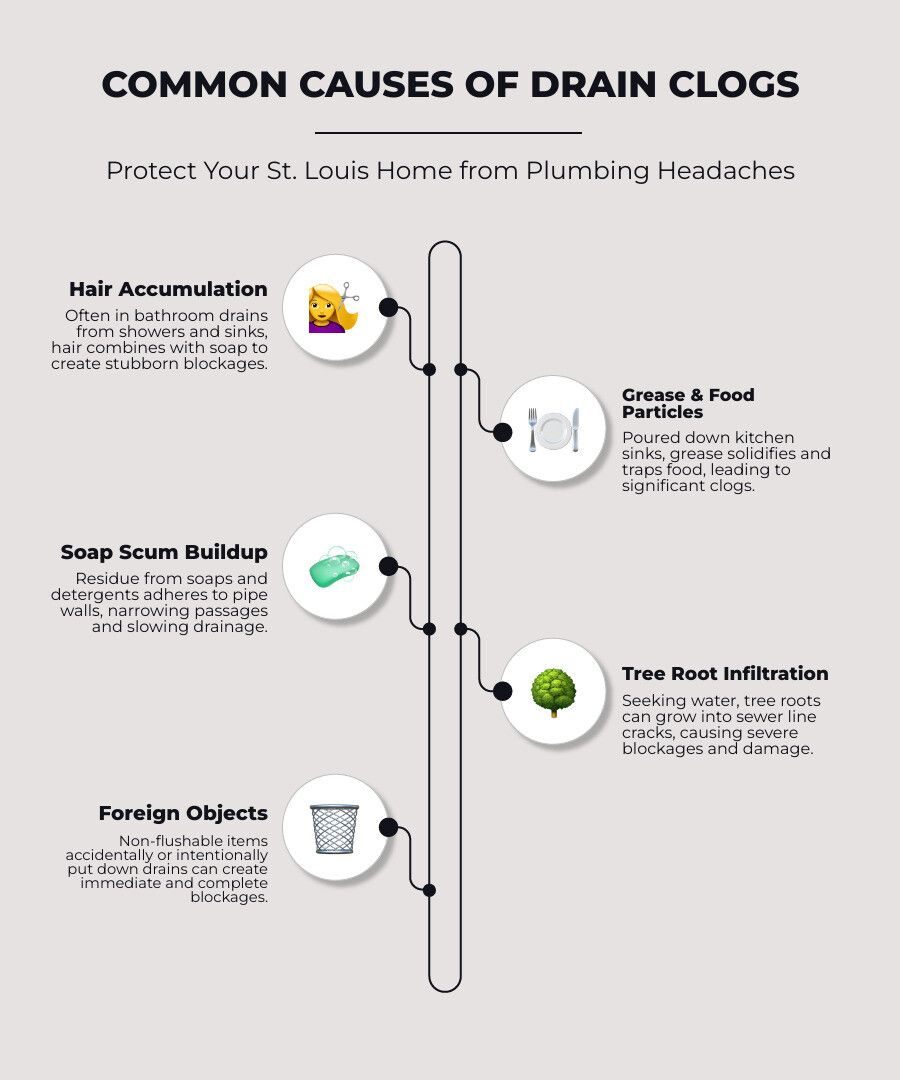 infographic showing common causes of drain clogs including hair accumulation in bathroom drains, grease and food particles in kitchen sinks, soap scum buildup in shower drains, tree roots infiltrating sewer lines, and foreign objects lodged in pipes - drain cleaner company st louis mo infographic infographic-line-5-steps-elegant_beige