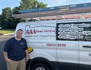 Man standing beside a AAA Home Services van with service list signage on the side.