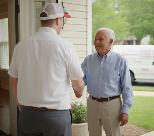 technician talking to homeowner at front door - best hvac repair service company
