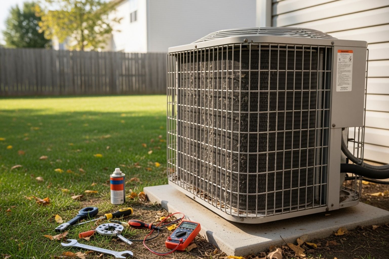 Outdoor air conditioner unit with repair tools on the ground beside it in a backyard