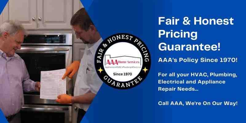 HVAC technician helping a homeowner beside promo text for Fair & Honest Pricing Guarantee on blue ad background