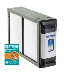 White pleated HVAC filter with black frame and blue label, shown on a white background