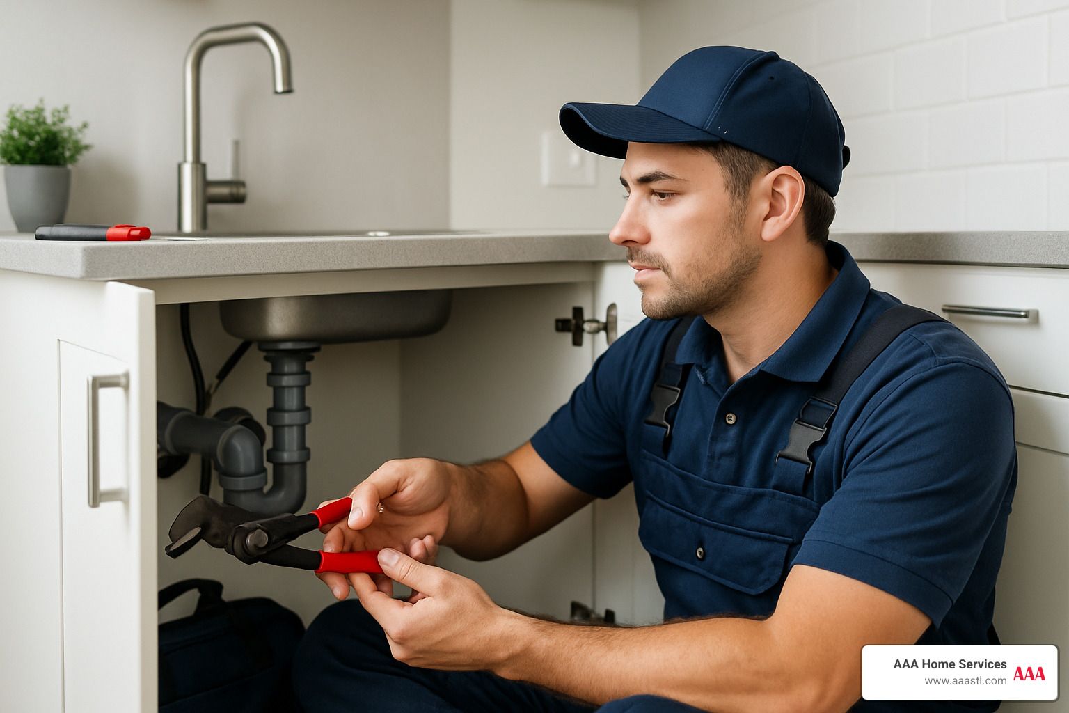 Plumber using red wrench to repair under-sink pipes in a kitchen cabinet