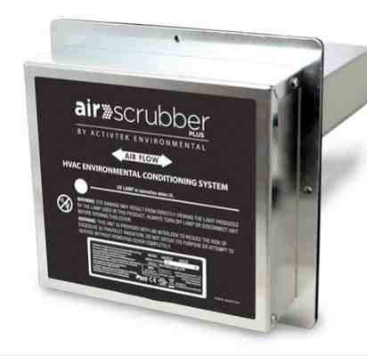 Wall-mounted Air Scrubber HVAC filtration unit in a silver metal casing with black label