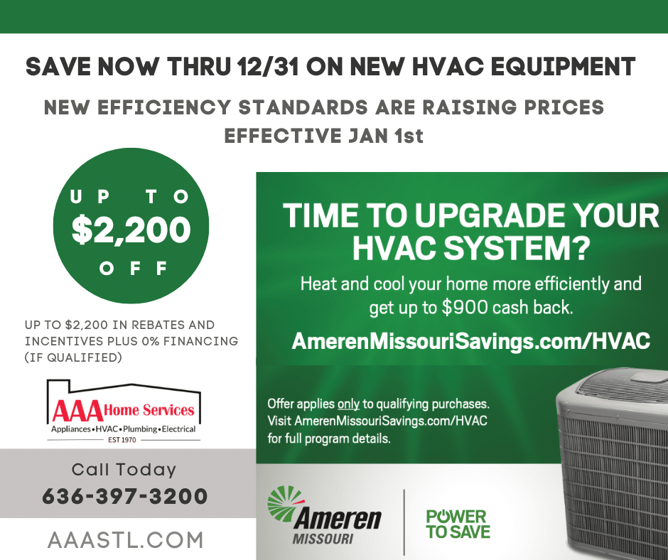 HVAC promotion ad with green panels, $2,200 off, and Ameren Missouri savings message by a furnace image
