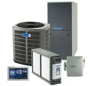 HVAC equipment set: outdoor AC unit, furnace, thermostat, and air handler on white background