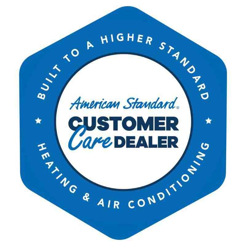 Blue hexagonal American Standard Customer Care Dealer badge with white text and border text about heating and air conditioning
