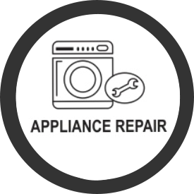 Black-and-white appliance repair icon with washing machine and wrench, labeled “APPLIANCE REPAIR”