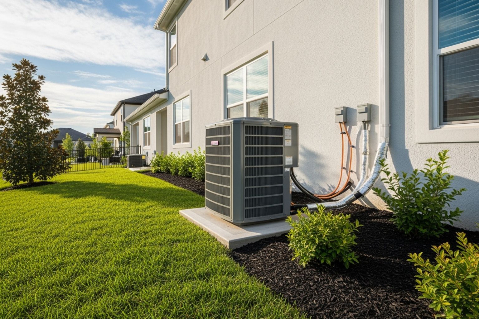 Row of suburban homes with a large outdoor air conditioner beside a white house