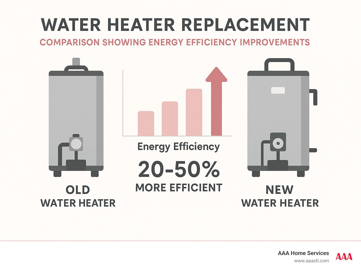 Water heater replacement infographic showing old vs. new heater and 20–50% energy efficiency improvement