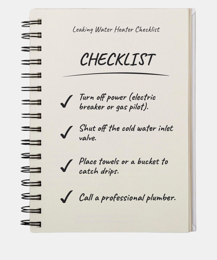 Infographic showing immediate safety checklist for a leaking water heater: Step 1 shows a hand turning off an electrical breaker with text Infographic showing immediate safety checklist for a leaking water heater: Step 1 shows a hand turning off an electrical breaker with text