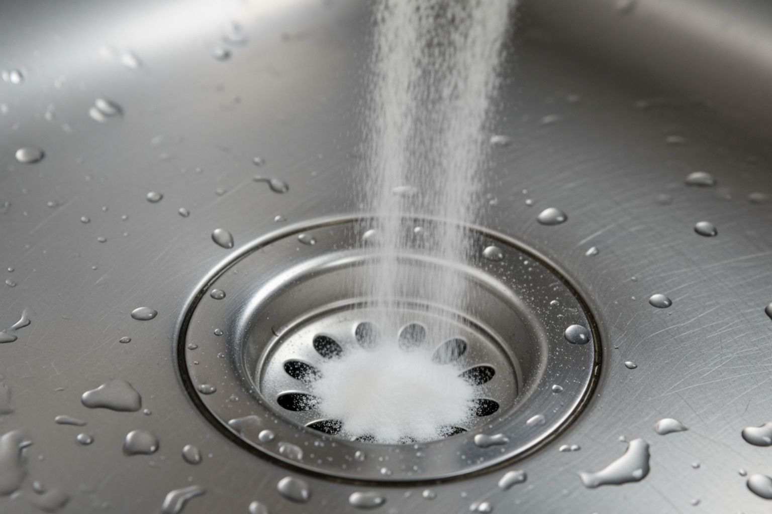 Water pouring into a stainless steel sink drain with scattered droplets.