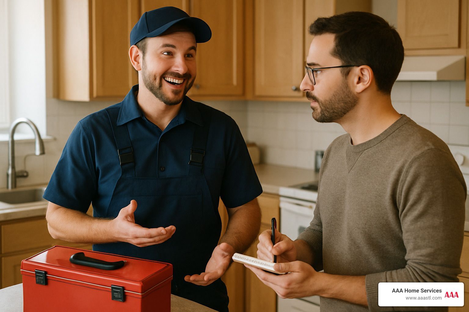 Two workers talking in a kitchen, one holding a toolbox and the other holding a notepad.