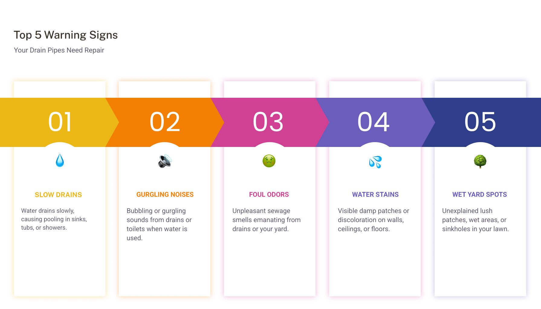infographic showing the top 5 warning signs that you need drain pipe repair: slow drains with water pooling, gurgling noises from pipes, foul sewage odors, visible water stains on walls or ceilings, and wet spots or sinkholes in the yard - Drain pipe repair infographic pillar-5-steps