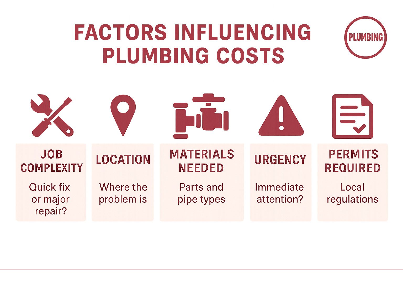 Infographic on plumbing costs, showing job complexity, location, materials, urgency, and permits required.