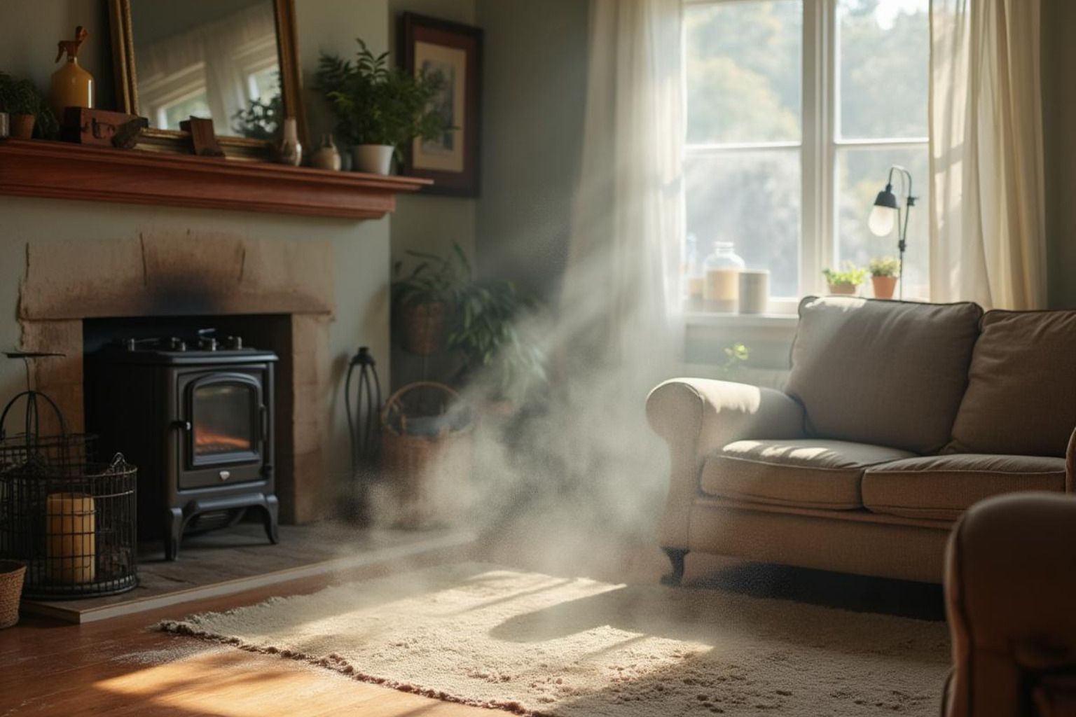Sunlit living room with a sofa, wood stove, and rays of light through a window