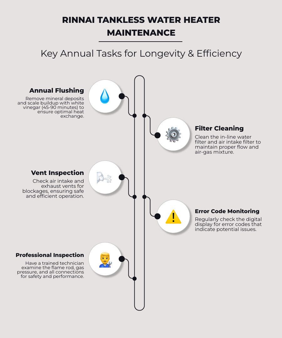 Rinnai tankless water heater maintenance infographic with annual tasks and inspection icons
