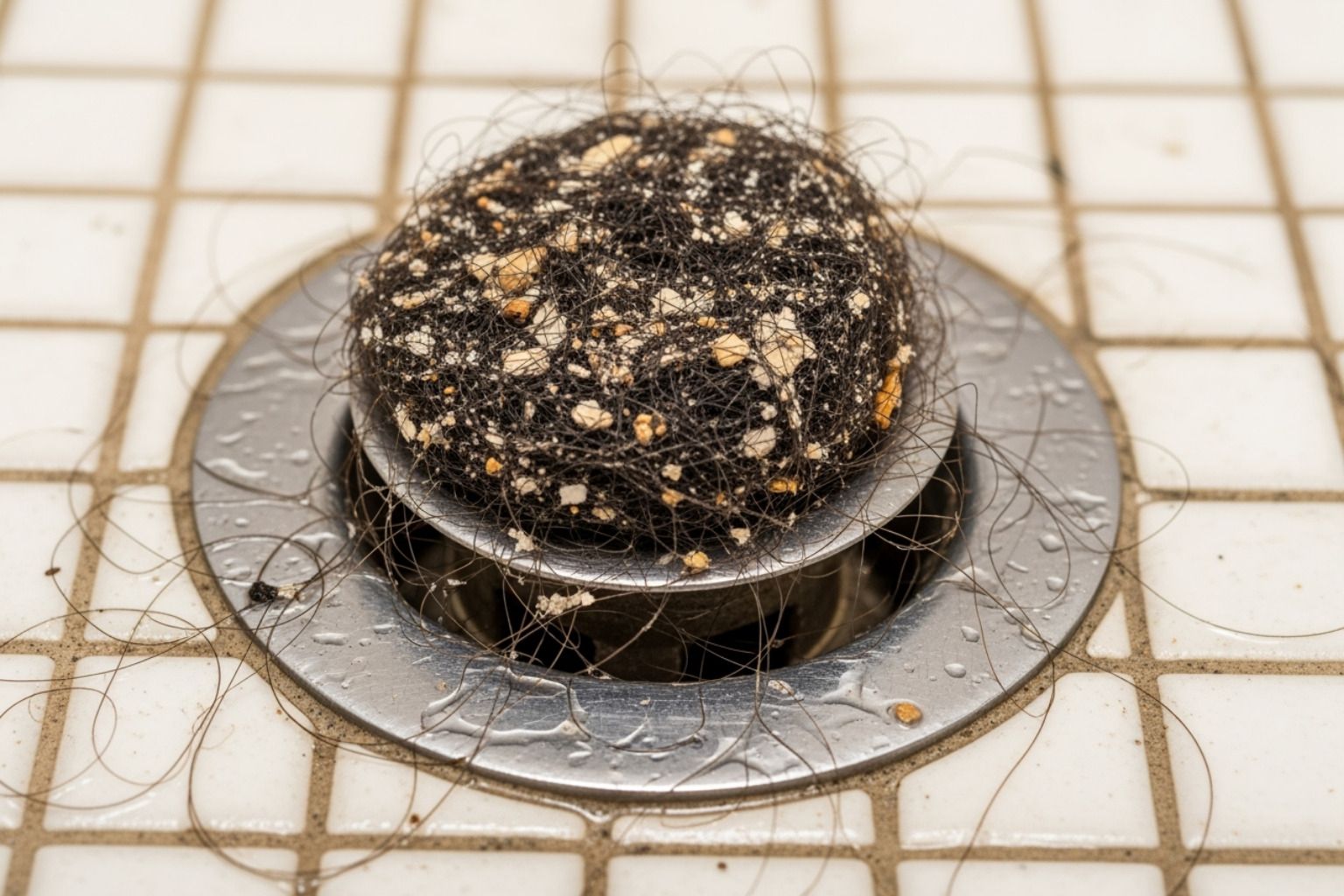 Clogged bathroom drain with debris and dark buildup on a white tile floor
