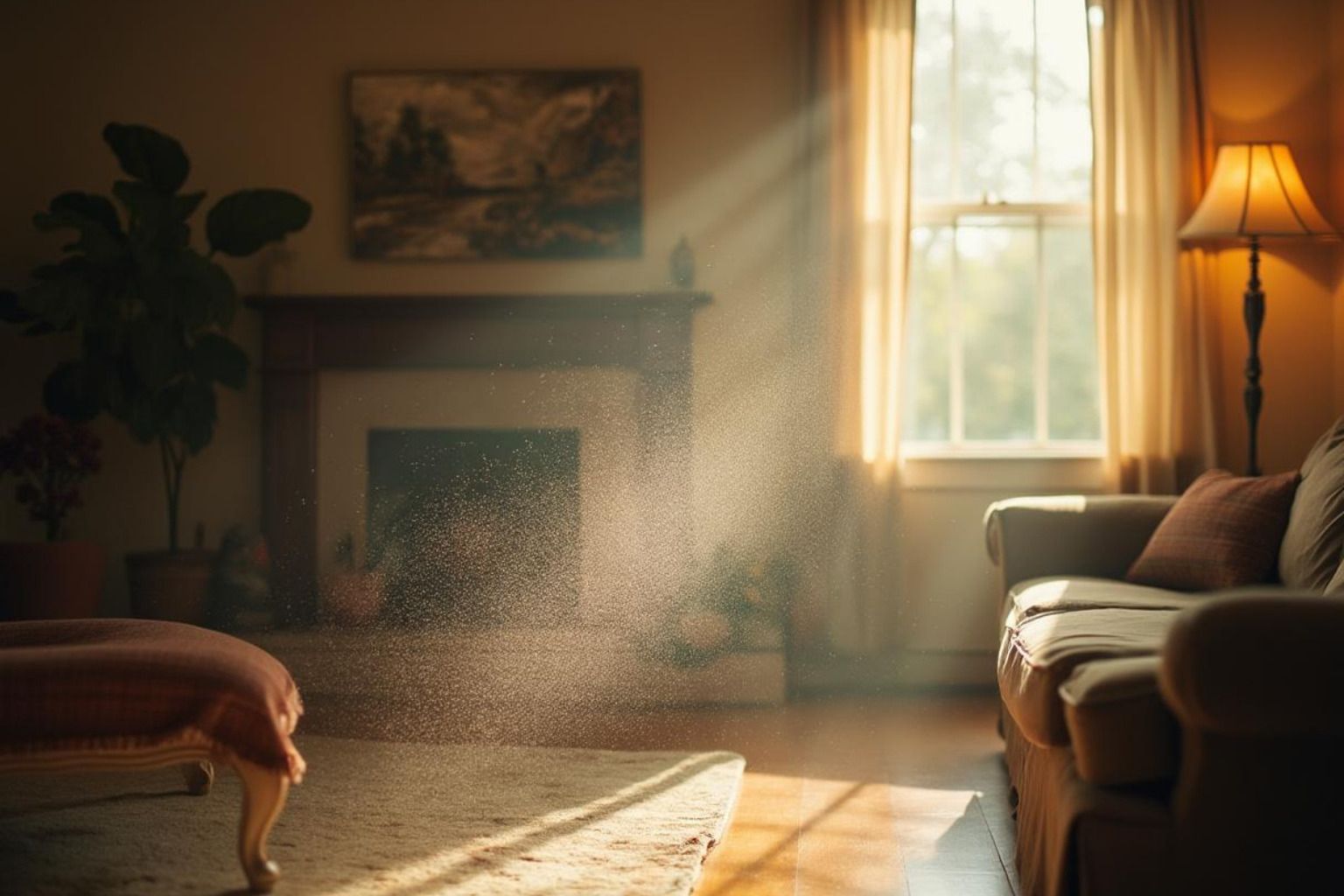Sunlit living room with couch, armchair, lamp, and dusty rays through a window