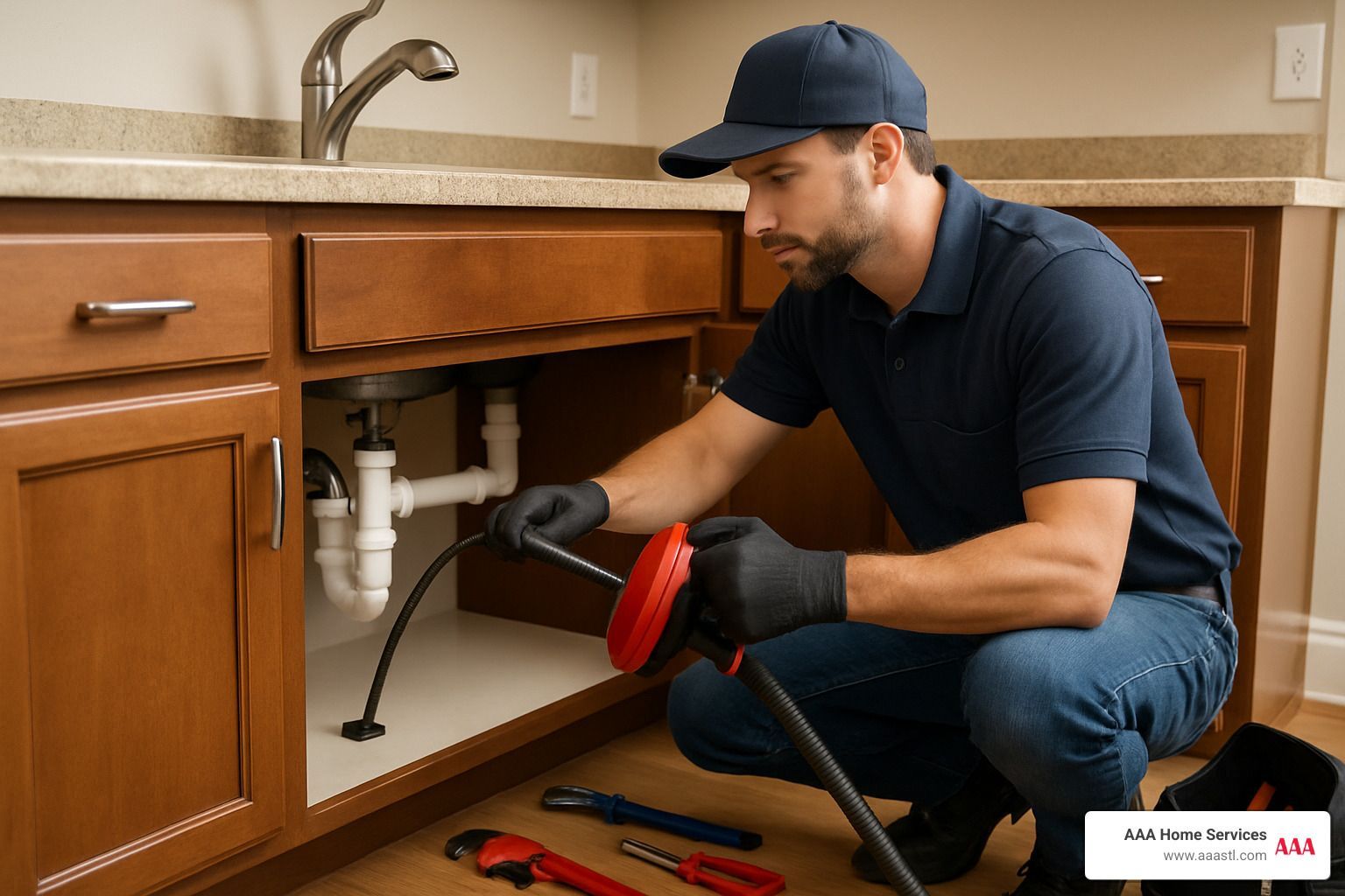 Plumber inspecting under-sink plumbing with a drain snake in a kitchen cabinet