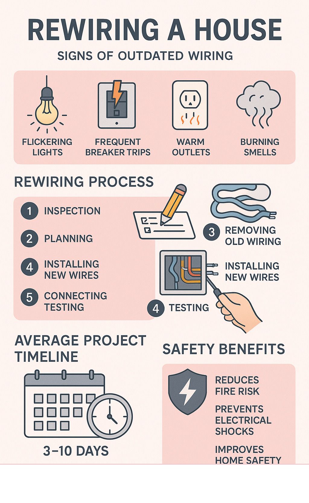 Infographic on rewiring a house: warning signs, process steps, average timeline, and safety benefits.