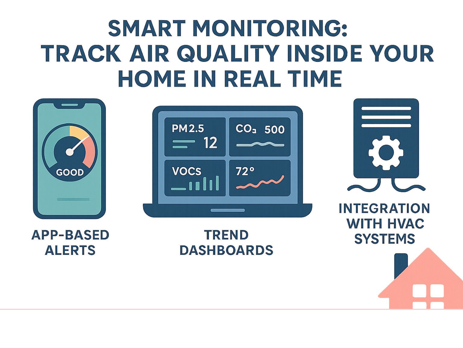 Smart monitoring graphic showing air quality app alerts, trend dashboards, and home system integration