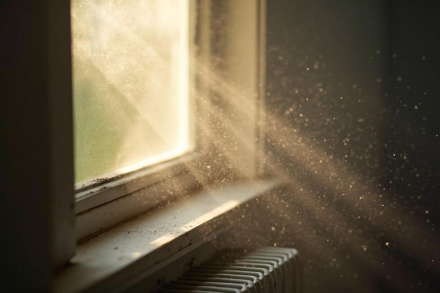 Sunlight streaming through a window, illuminating dust above a white radiator
