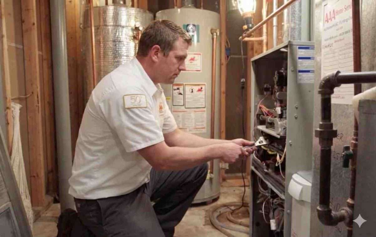 Technician kneeling to inspect a furnace in a utility room with copper pipes and equipment.