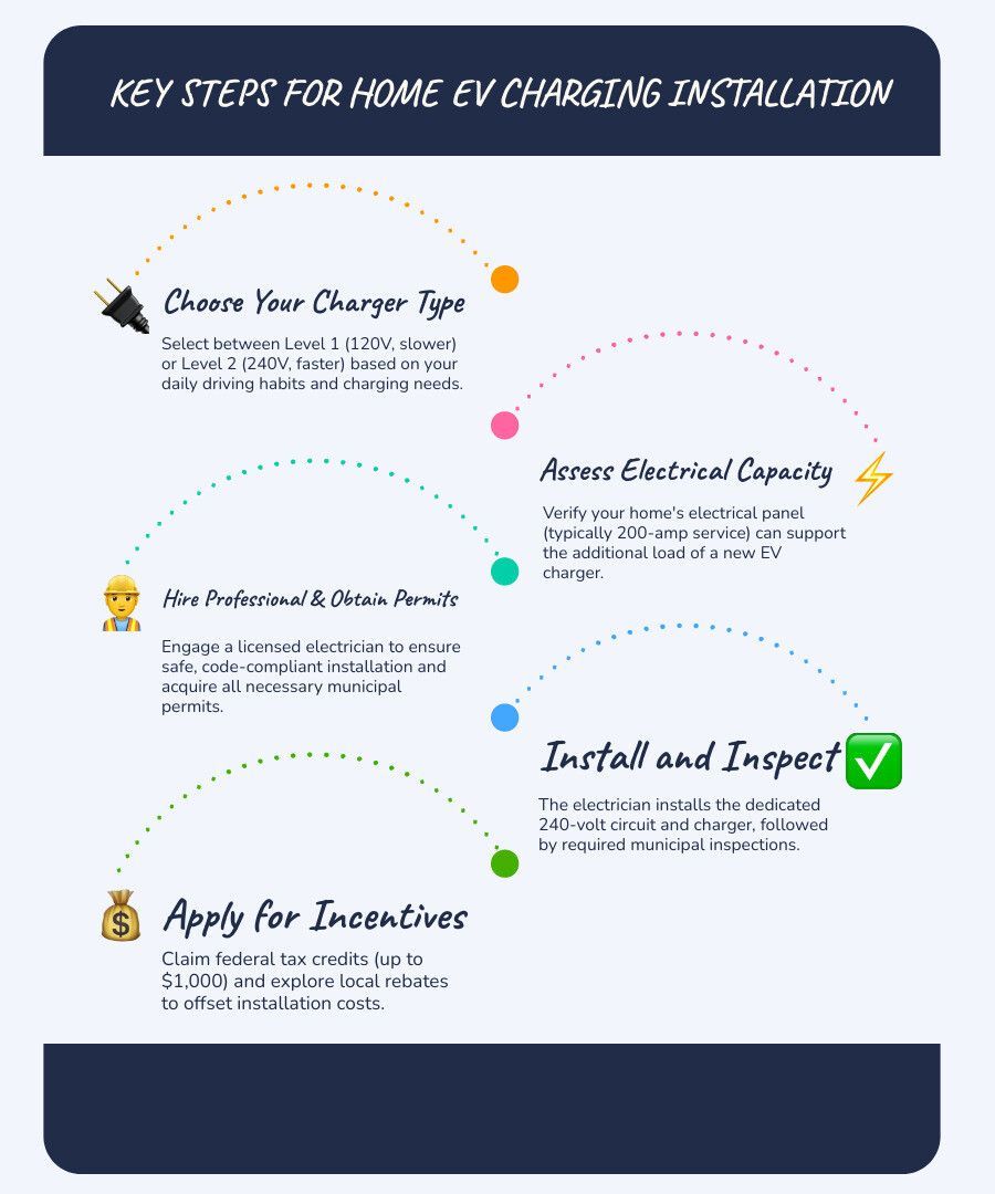 Infographic of 5 steps for home EV charging installation, with icons and dotted arcs on a white background
