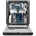 Open dishwasher with racks loaded and water spraying inside, stainless steel front panel.