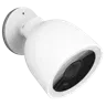 White wall-mounted security camera with black lens, angled downward