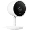 White security camera with black lens on a white stand, facing forward