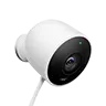 White security camera with black lens on a white background
