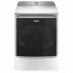 White front-load washing machine with black door and silver top panel
