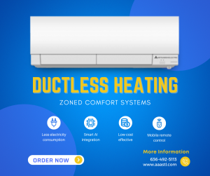 White ductless heating unit on blue background with “Ductless Heating” and order now promotional text