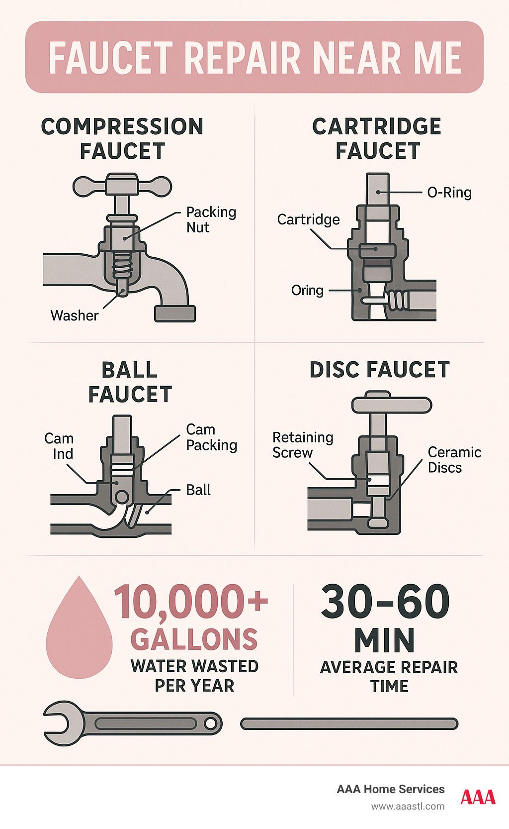 Leaky Faucet? Local Plumbers Ready to Help 22 Detailed infographic showing the anatomy of common faucet types (compression, cartridge, ball, and disc) with labeled parts that commonly fail, plus annual water waste statistics and average repair timeframes - faucet repair near me infographic
