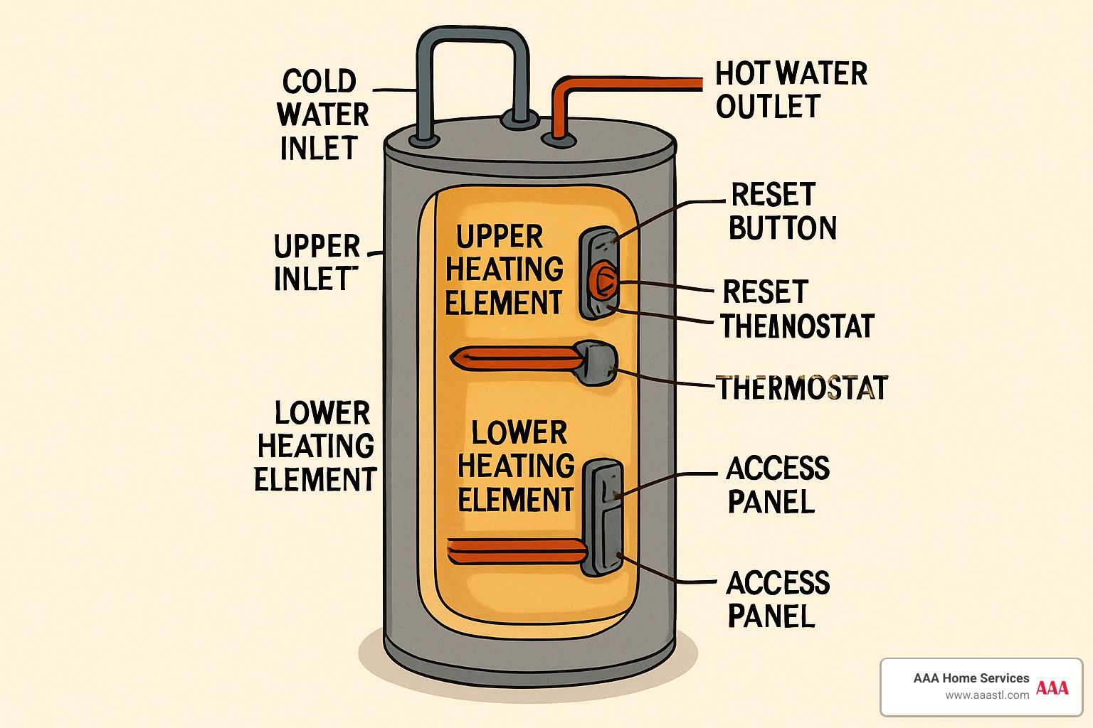 Labeled diagram of a hot water heater showing cold water inlet, hot water outlet, heating elements, and thermostat