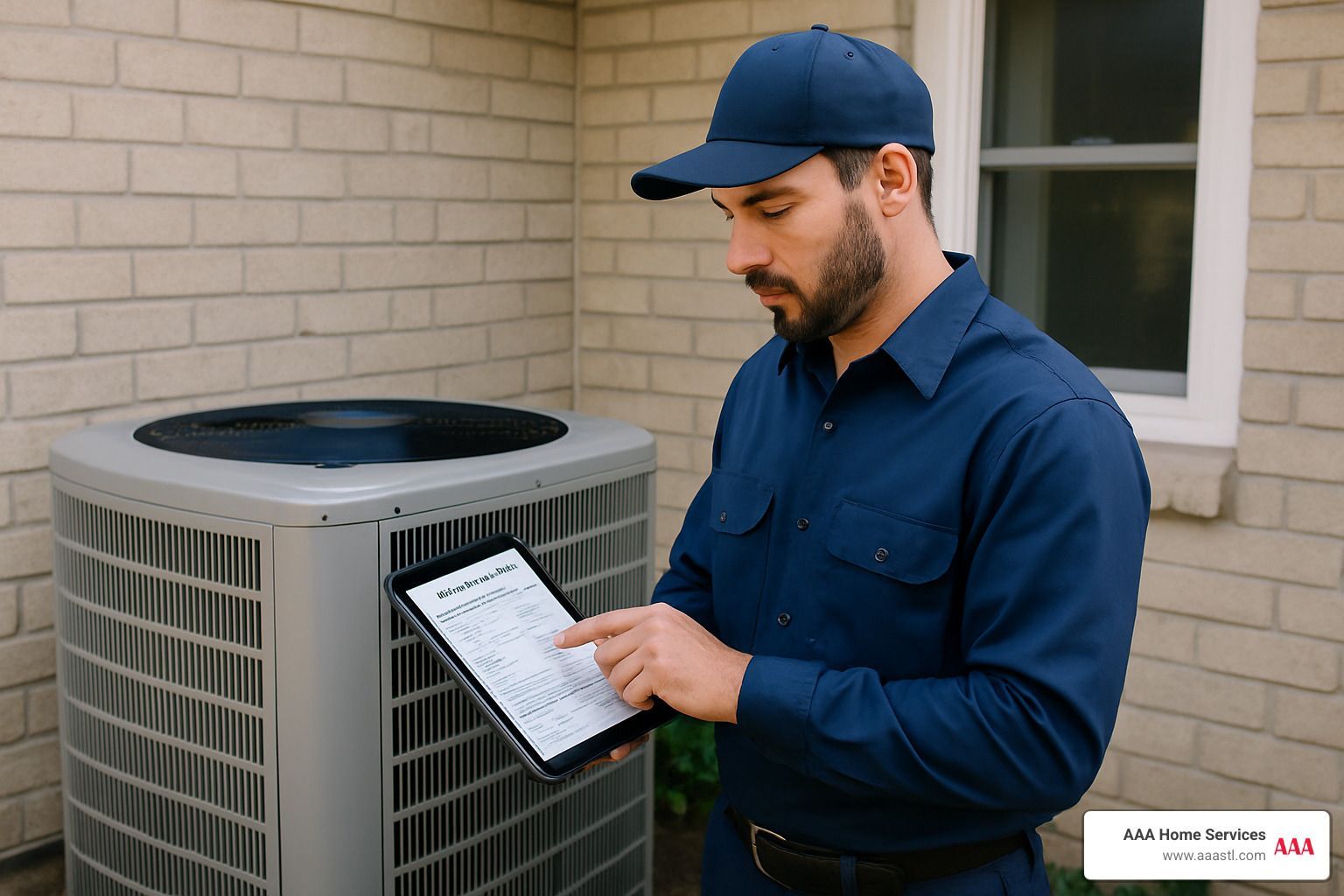 Technician inspecting an outdoor air conditioner unit with a tablet beside a brick house