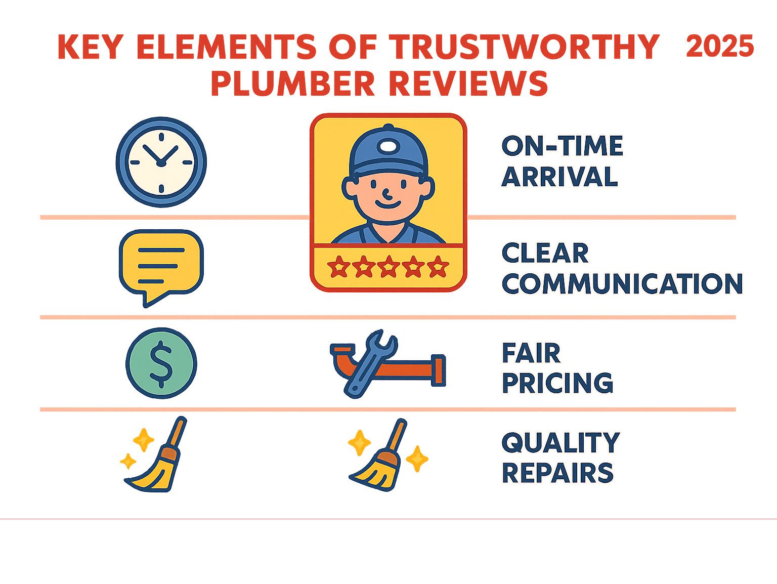 Infographic showing key elements homeowners should look for in plumber reviews including on-time arrival, clear communication, quality repairs, and clean work areas - plumber reviews infographic 