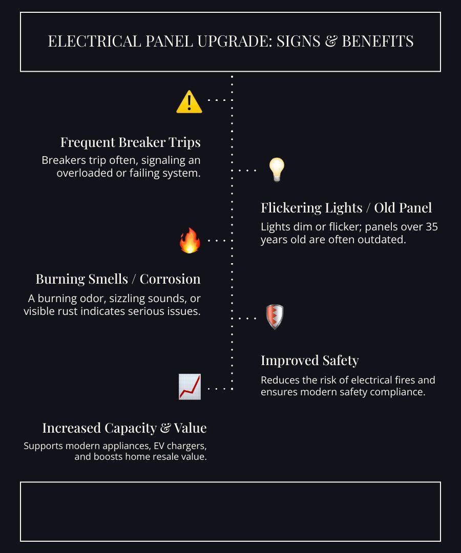 Infographic showing warning signs of outdated electrical panels including frequent breaker trips, flickering lights, burning smells, visible corrosion, homes over 35 years old, and reliance on extension cords, alongside benefits of upgrading such as improved safety, increased capacity, home value boost, and support for modern appliances - Electrical Panel Upgrade O'Fallon infographic infographic-line-5-steps-dark