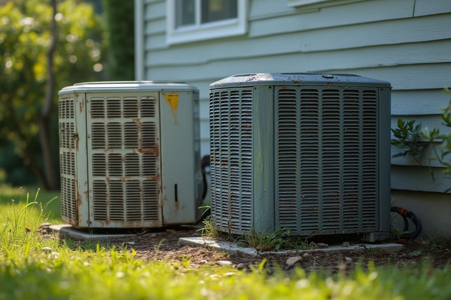 Two outdoor air conditioner units beside a house, one white and one gray, on grass