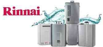 Rinnai logo with several stainless steel water heaters and blue water splashes