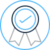 Blue award ribbon icon with a checkmark inside a circular badge