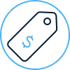 Blue price tag icon with a dollar sign inside a circle