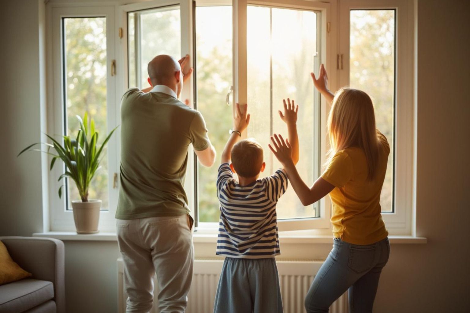 Three people stand by a bright window, stretching hands up as sunlight fills a cozy room.
