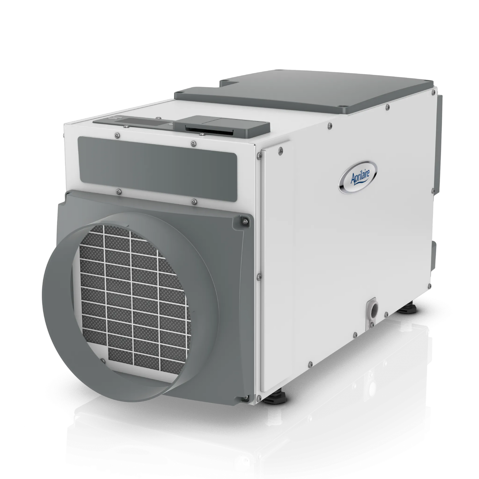 White industrial HVAC unit with a large front fan grille and logo on the side