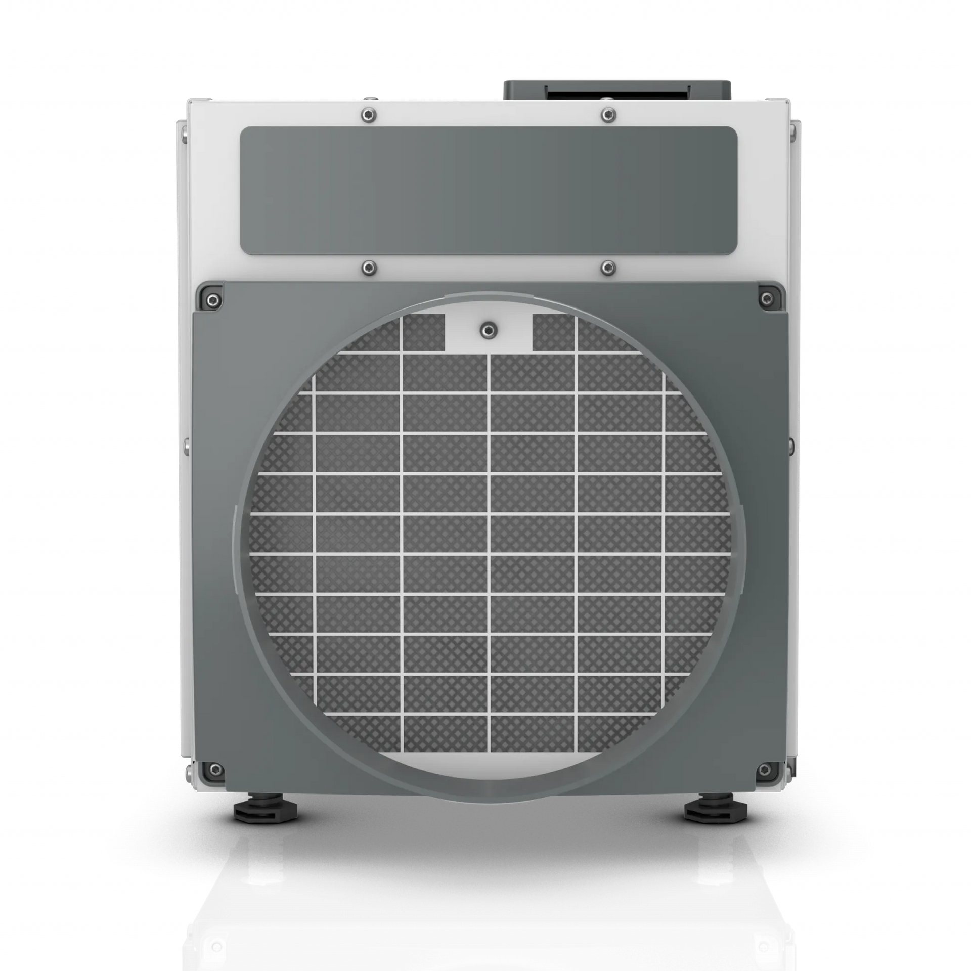 Gray industrial fan unit with a large circular grille on a white background