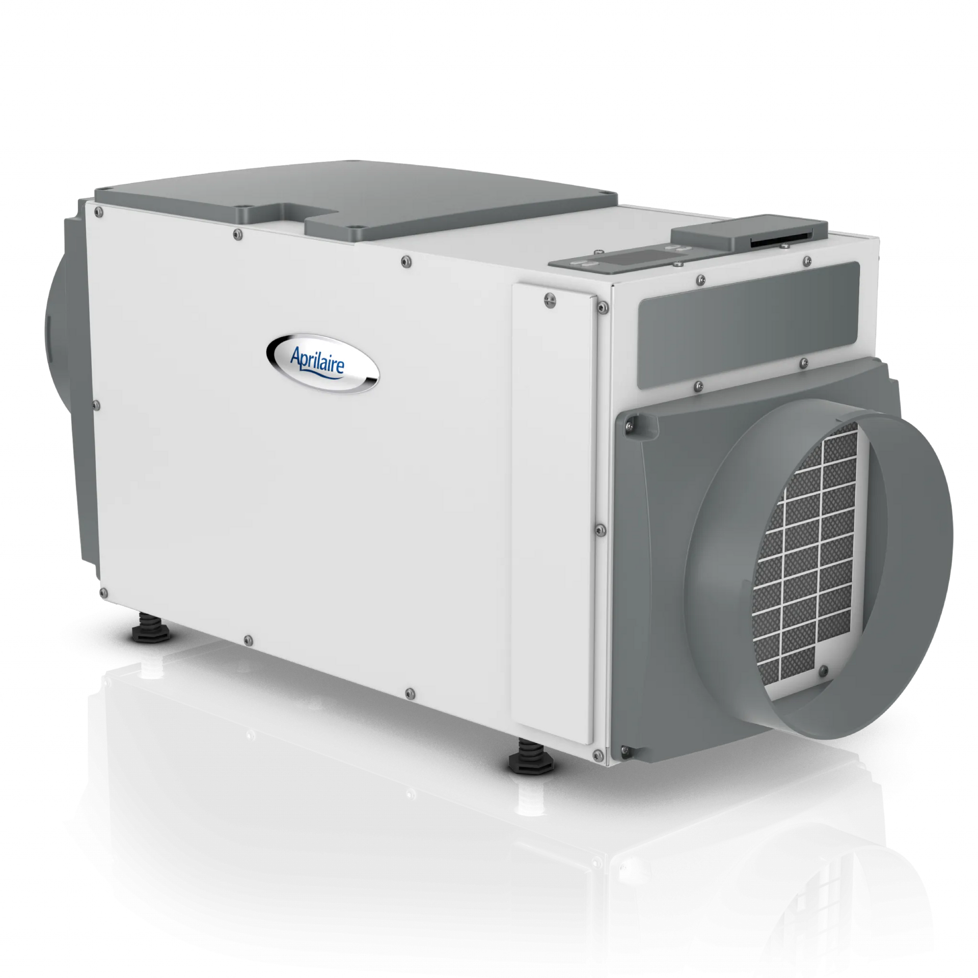 White and gray HVAC unit with circular grille and top vents on a clean studio background