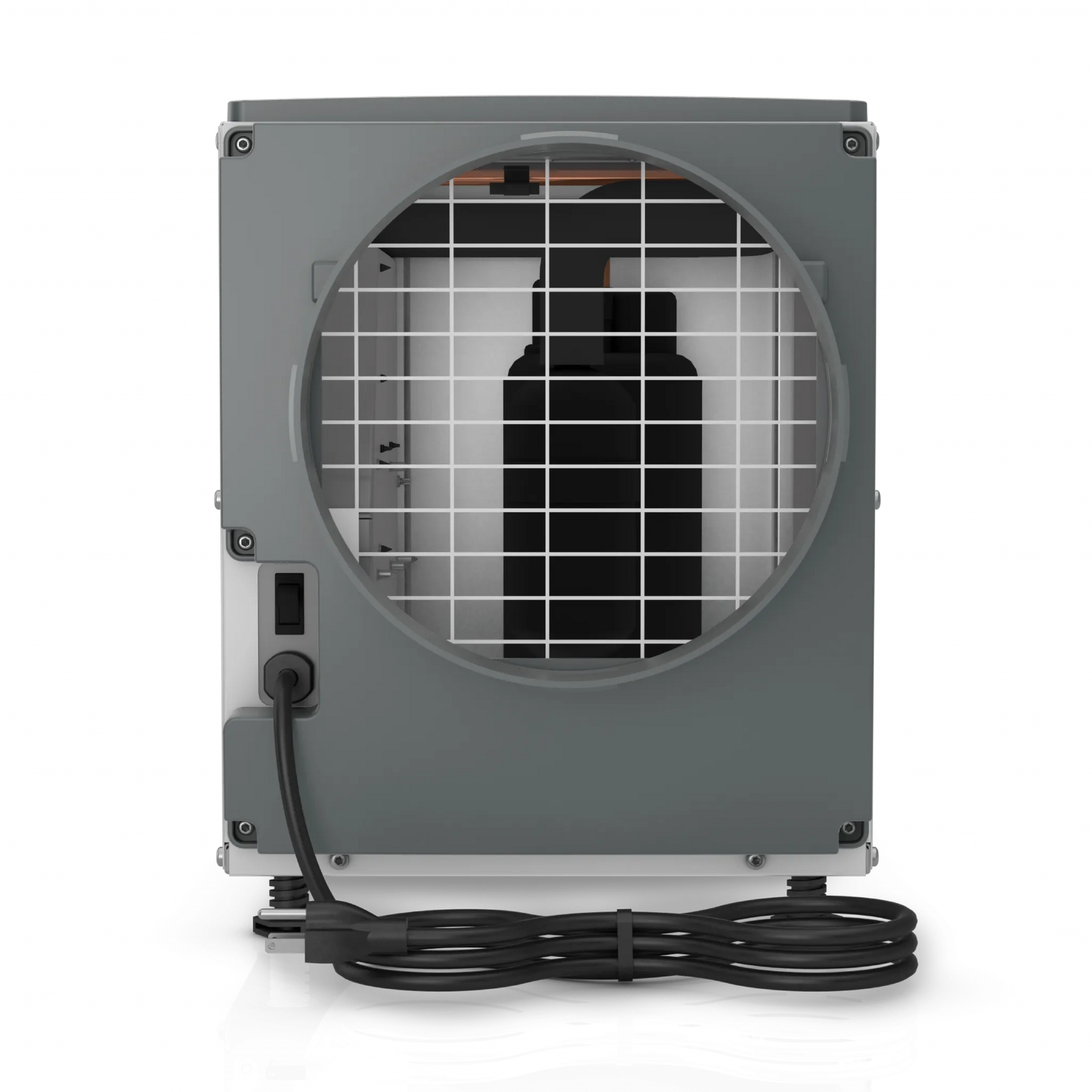 Gray box fan with a circular grille and cord coiled at the base